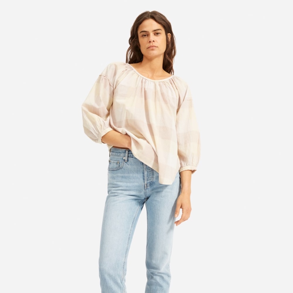 Everlane Ruched Air Blouse Toffee Plaid Size 12